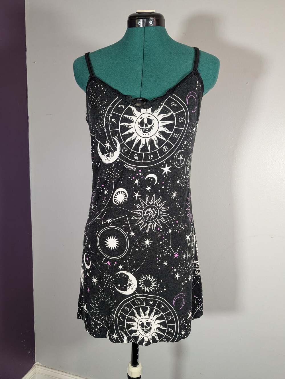 Black Celestial Zodiac Print Slip Dress Goth Witchy Mini Spaghetti Strap